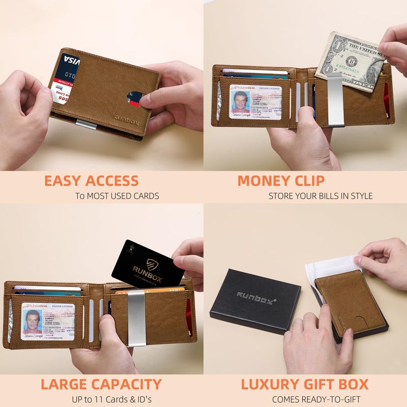 RUNBOX Money Clip Wallets for Men,Slim Leather Mens Bifold Wallet,RFID Blocking Front Pocket Wallet,Thin Credit Card Holder with Gift Box - Image 2